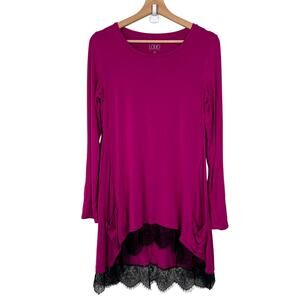 LOGO by Lori Goldstein Magenta‎ Tunic Top Size XS Black Lace Trim High-Low Hem
